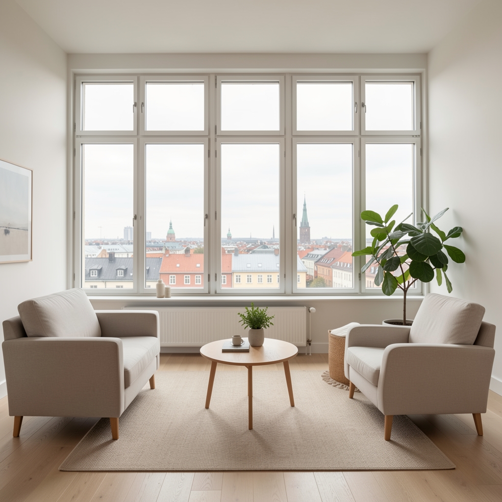 Ljust skandinaviskt rum med höga fönster mot en stadsvy, enkla möbler och mjukt dagsljus som symboliserar öppenhet och tillgänglighet