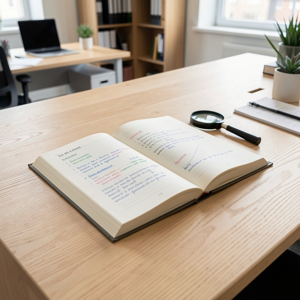 Öppen bok med anteckningar och ett förstoringsglas på ett ljust träbord, omgiven av lugn kontorsmiljö som symboliserar analytisk läsning och kunskapssökning