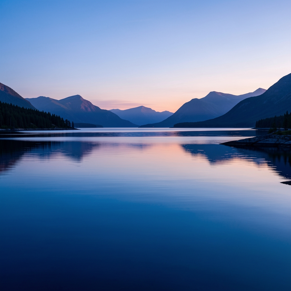 Stilla fjordlandskap vid gryning med djupblått vatten, spegelblank yta och mjuka bergssilhuetter i bakgrunden som förmedlar lugn och balans