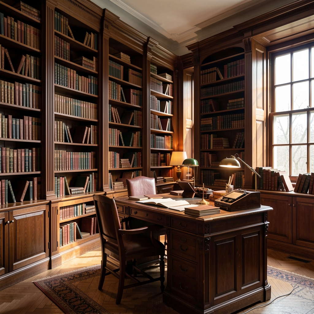 Antikt biblioteksrum med höga bokhyllor av mörkt trä, gammaldags skrivbord och stämningsfull belysning som speglar historisk kunskapsförmedling och arkivforskning